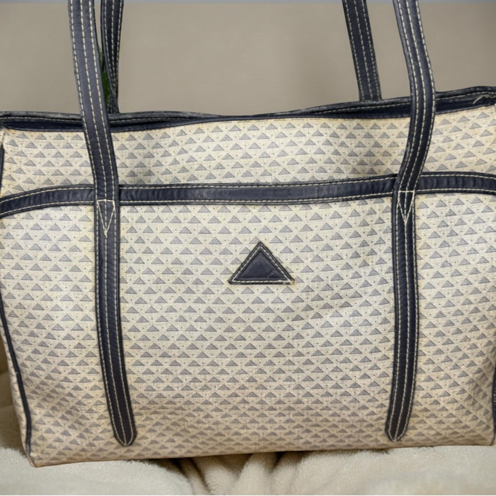 Vintage 1984 Liz Claiborne Leather Trimmed Navy & Grey Tote - Picture 2 of 9